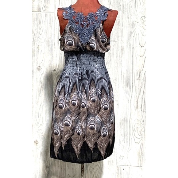 Sibeijiao Dresses & Skirts - NWT Reversible Lace Gray Black Stretch Sundress Midi Dress Peacock Feather XL 01